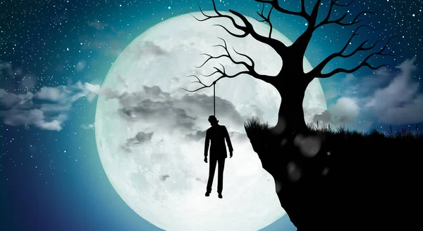 Silueta Del Hombre Suicidio Por Ahorcarse Árbol Noche Con Luna — Foto de Stock