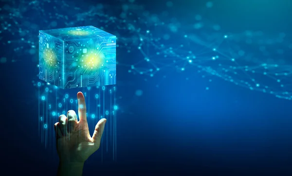Businessman Hand Holding Cube Technology Abstract Blue Background Blockchain Network — Stock Fotó