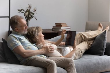 Bilgisayar kullanan neşeli, olgun aile çifti..