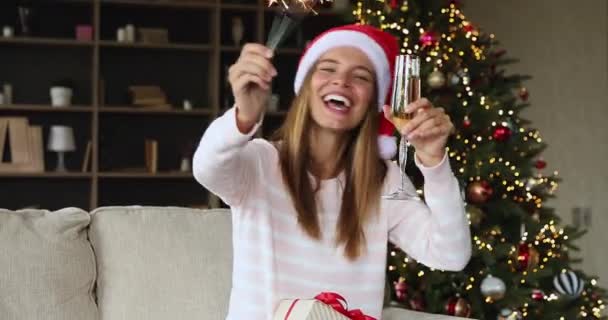Молода жінка святкує різдвяний Новий рік і піднімає тост перед веб-камерами — стокове відео