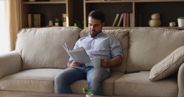 Vreedzame jonge man zit op de bank boek te lezen thee drinken — Stockvideo