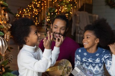 Mutlu çift ırklı aile Noel 'i evde birlikte kutluyor.