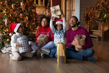 Mutlu çift ırklı aile portresi Noel 'i birlikte kutluyor.
