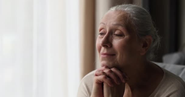 Vieille dame assis sur le canapé par la fenêtre regarder de côté rêve — Video