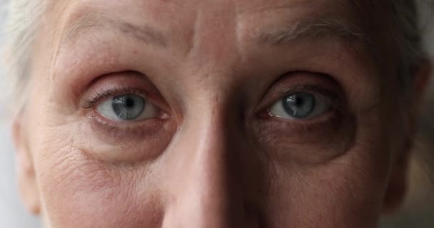 Primer plano hermosos ojos grises de hembra madura mirando a la cámara — Vídeo de stock
