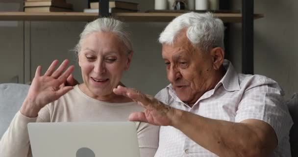 Los padres mayores felices se comunican en la distancia por videocall usando el ordenador portátil — Vídeo de stock