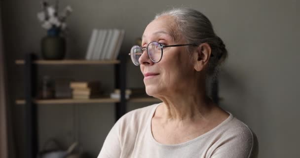 Töprengő nosztalgikus idősebb nő nézd meg a távolságot elveszett emlékek — Stock videók