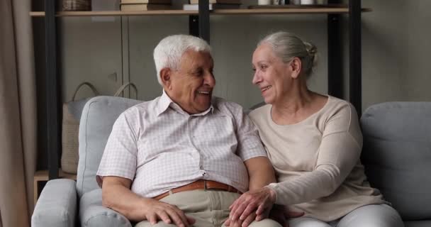 Couple sénior positif parler de détente sur le canapé au salon — Video