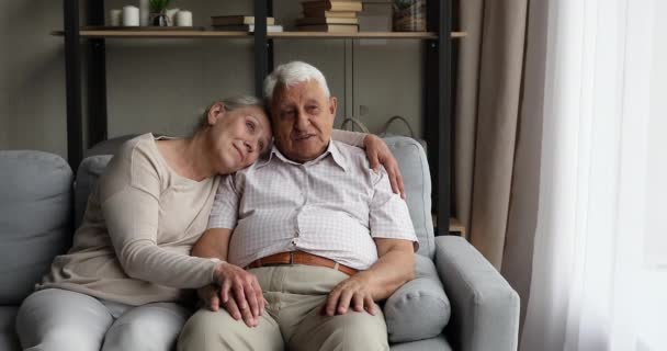 Mírumilovný zralý manželka pokládání hlava na starý manžel rameno snící — Stock video