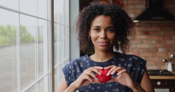 Lächelnde Afrikanerin hält rotes Herz in Händen — Stockvideo