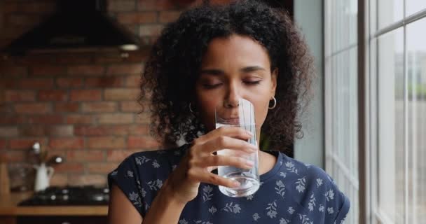 Mujer africana de pie en la cocina sostiene las bebidas de vidrio todavía agua — Vídeo de stock
