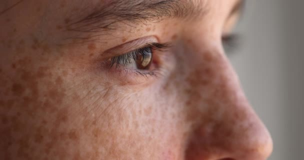 Gros plan recadré vue oeil de jeune femme taches de rousseur regarde de côté — Video