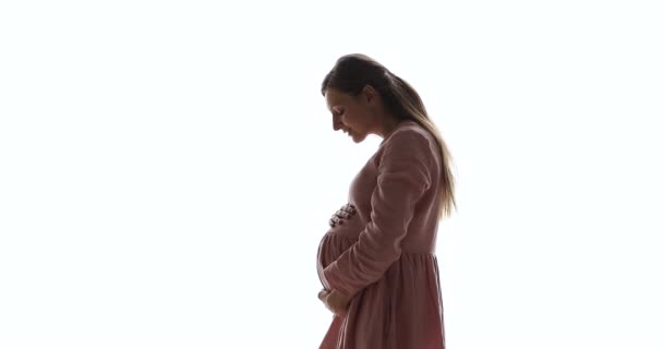 Náklonný budoucí maminka pohlazení velké dítě hrbol s jemným úsměvem — Stock video