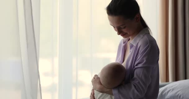 Tender jovem mãe stand by janela amamentação bebê infantil — Vídeo de Stock