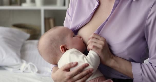 Primer plano niño lactante lactante en las manos de mamá en casa — Vídeo de stock
