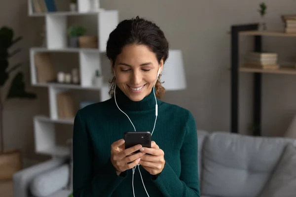 Smiling Latino woman talk on webcam video call on cell — Stock Photo, Image