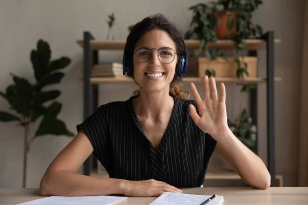 Portrait of smiling Latin woman talk on webcam video call — Stock Photo, Image