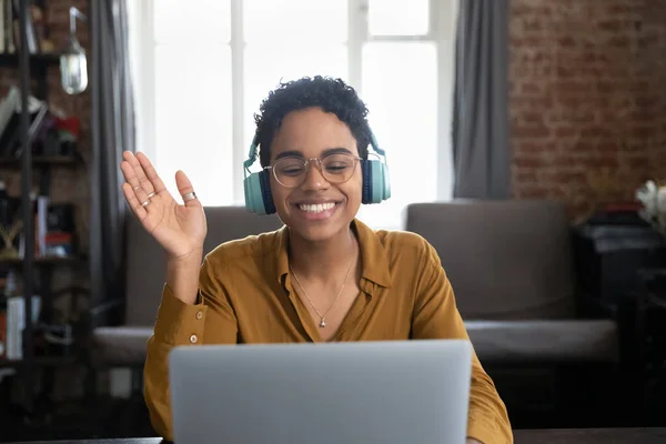 Happy millennial African American woman holding video call. — Stock Photo, Image