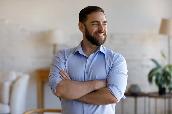 Happy dreamy confident young businessman looking in distance. — Stock Photo, Image