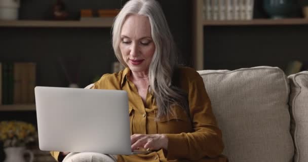 Moderno giorno in pensione relax femminile sul divano utilizzando il computer portatile — Video Stock