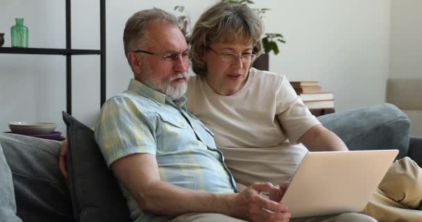 Laughing avós idosos usam aplicativo de entretenimento no laptop moderno — Vídeo de Stock