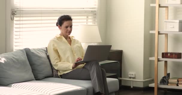 Oudere zakenvrouw zitten op de bank in kantoor werken op laptop — Stockvideo