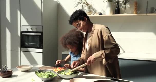 Güzel kadın. 10 'lu yaşlarındaki kızı birlikte sağlıklı vejetaryen salatası hazırlıyor. — Stok video