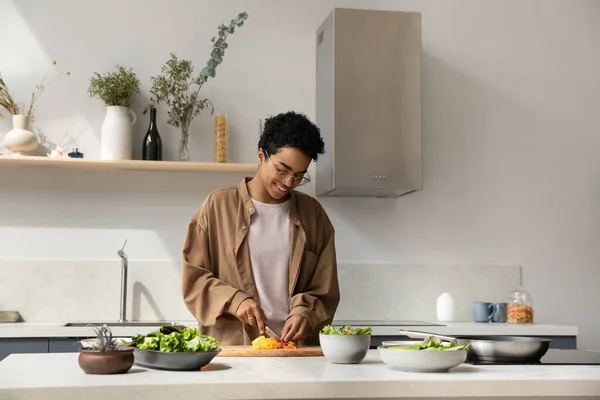 Feliz chica negra bonita disfrutando de la cocina hobby, cortar verduras frescas — Foto de Stock