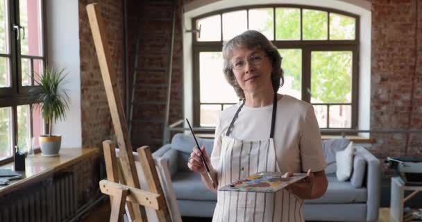 Aged woman art teacher look at camera start video class — Video Stock