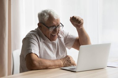 Mutlu, yaşlı, emekli adam başarıyı kutluyor..