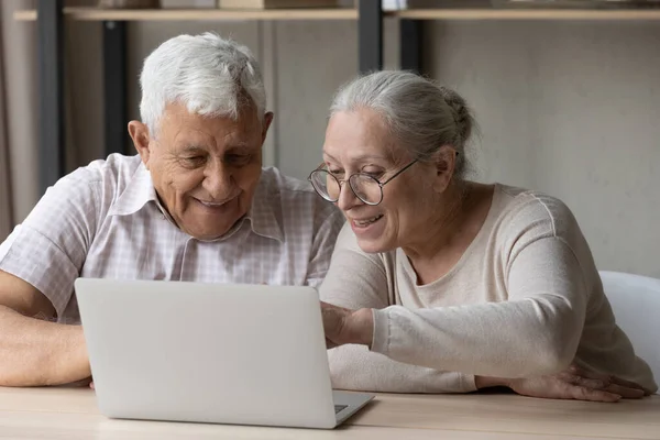 Feliz vinculación pareja de edad utilizando la computadora en casa. — Foto de Stock