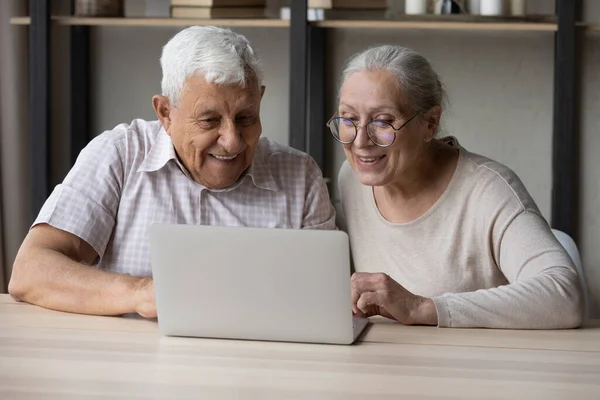 Amar sonriente pareja de ancianos utilizando el ordenador portátil en casa. — Foto de Stock