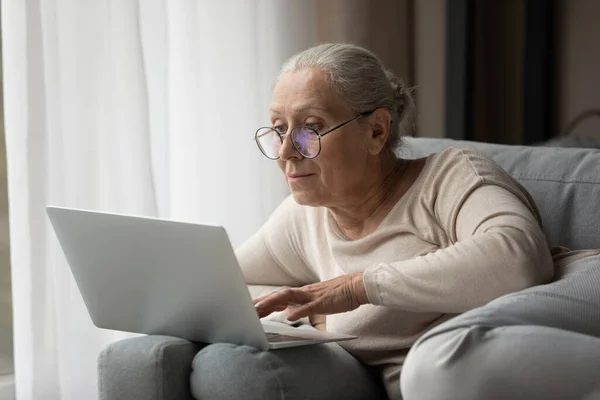 Happy middle aged woman in eyeglasses using laptop software applications. — стоковое фото