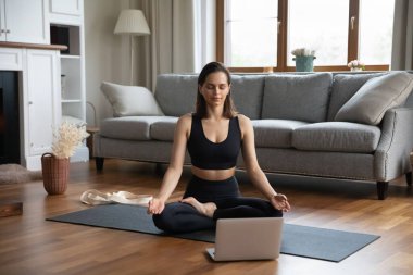 Nilüfer çiçekli poz vererek meditasyon yapan sakin yogi.