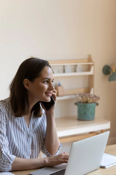 Happy positive gadget user woman enjoying wireless communications — Stockfoto