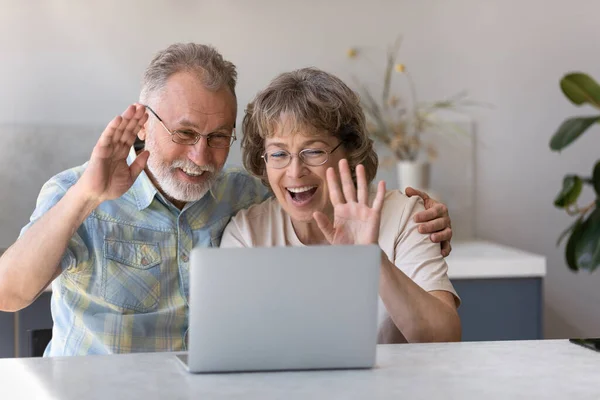 Happy middle aged grandparents holding video call conversation. — Stock Fotó