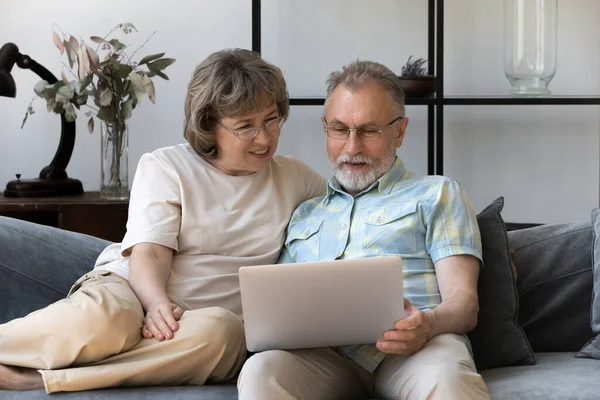 Happy affectionate old couple using laptop at home. — Stock Fotó