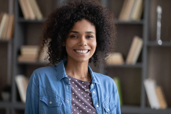 Happy millennial Afro American woman home head shot portrait — Zdjęcie stockowe