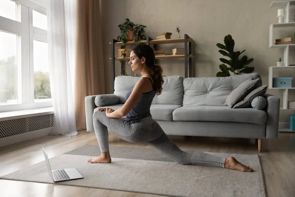 Happy active young woman enjoying online workout class. Happy active young woman enjoying online workout class. — Stok Foto