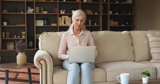 Elderly woman sit on sofa use computer texting messages – stockvideo