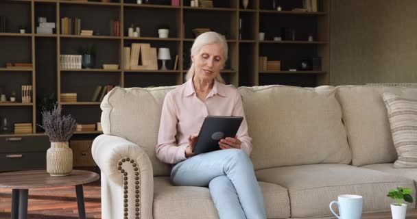 Elderly female sit on sofa spend leisure use digital tablet — стоковое видео