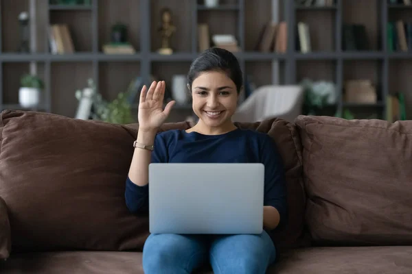 Smiling attractive young Indian woman starting video call. — Stock Photo, Image