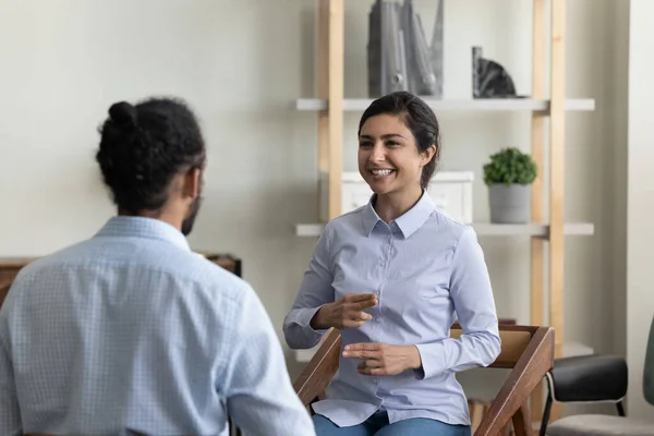 Smiling Indian woman practicing sign language with friend. — Φωτογραφία Αρχείου