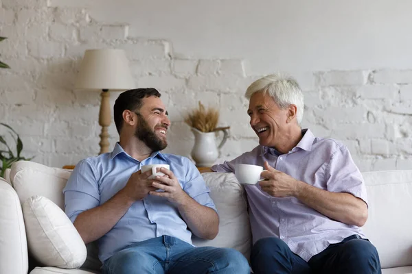Веселый 70-летний папа и взрослый сын пьют чай. — стоковое фото