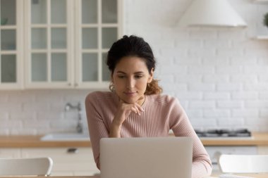Hispanic woman sit in kitchen web surfing using laptop clipart