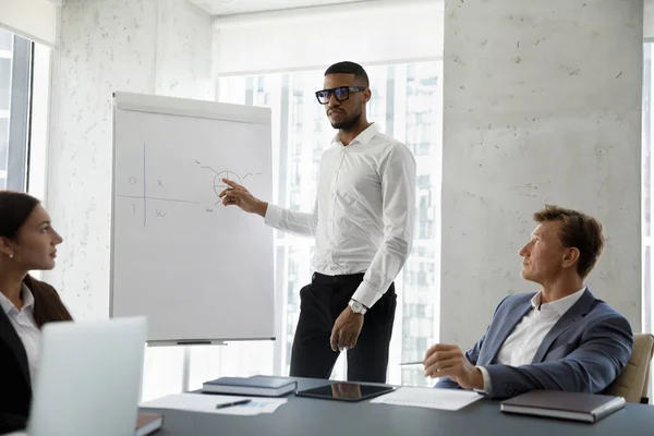 Serious millennial Afro American businessman explaining statistic reports — Stock Photo, Image