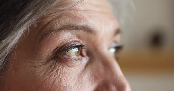 Starší žena zírá do dálky, zblízka oříznutý pohled — Stock video