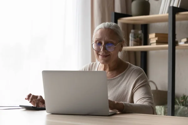 幸せなシニアおばあちゃん女性でガラスカウント年間収入 — ストック写真