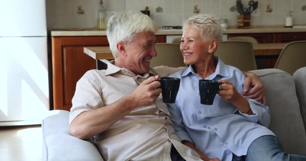 Ouder paar in liefde drinken ochtend koffie genieten gesprek — Stockvideo