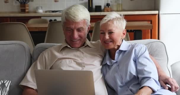 Älteres Paar nutzt Laptop, um auf Sofa zu sitzen — Stockvideo